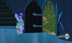 Size: 1200x720 | Tagged: safe, derpibooru import, edit, edited screencap, screencap, spike, twilight sparkle, dragon, pony, unicorn, the crystal empire, door, exploitable meme, female, horn, hub logo, male, mare, meme, mr. bones' wild ride, multicolored mane, open mouth, purple coat, rollercoaster tycoon, stairs, the ride never ends, the scary door