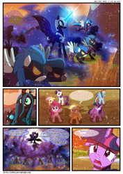 Size: 3500x4951 | Tagged: safe, artist:light e7fe, artist:light262, artist:lummh, applejack, fluttershy, nightmare moon, nightshade, pinkie pie, queen chrysalis, rainbow dash, rarity, twilight sparkle, twilight sparkle (alicorn), alicorn, changeling, changeling queen, earth pony, pegasus, pony, unicorn, comic:timey wimey, clothes, comic, costume, female, mare, rearing, shadowbolts, shadowbolts costume