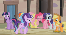 Size: 758x413 | Tagged: safe, screencap, applejack, fluttershy, pinkie pie, rainbow dash, rarity, starlight glimmer, twilight sparkle, twilight sparkle (alicorn), alicorn, earth pony, pegasus, pony, unicorn, the cutie map, equal cutie mark, mane six, s5 starlight, when she doesn't smile