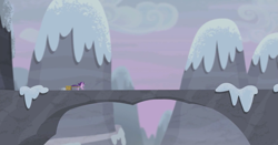 Size: 1919x1005 | Tagged: safe, screencap, starlight glimmer, pony, unicorn, the cutie map, bridge, cart, female, mare, mountain, natural bridge, running, s5 starlight, snow, solo