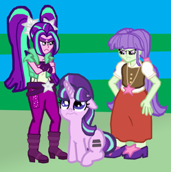 Size: 2550x2564 | Tagged: safe, artist:oneovertwo, aria blaze, starlight, starlight glimmer, equestria girls, the cutie map, background human, cute, glimmerbetes, namesake, sad, similarities