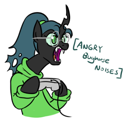 Size: 600x600 | Tagged: safe, artist:jargon scott, queen chrysalis, changeling, changeling queen, angry, angry horse noises, clothes, controller, descriptive noise, dork, dorkalis, fangs, female, gamer chrysalis, glasses, horse noises, meme, ponytail, simple background, snes controller, solo, sweater, white background