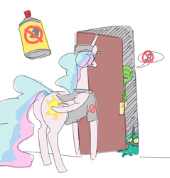 Size: 1966x2057 | Tagged: safe, artist:nobody, princess celestia, queen chrysalis, oc, oc:anon, alicorn, changeling, changeling queen, human, pony, bug spray, clothes, door, exterminator, female, hat, male, mare, shirt