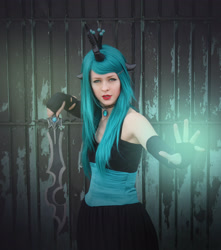 Size: 3091x3504 | Tagged: safe, artist:sewingintherain, queen chrysalis, human, clothes, cosplay, costume, dress, irl, irl human, photo, solo, sword