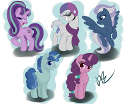 Size: 4711x3914 | Tagged: safe, artist:dari-draws, double diamond, night glider, party favor, starlight glimmer, sugar belle, earth pony, pegasus, pony, unicorn, season 5, the cutie map, clothes, equal four, helmet, scarf, simple background, transparent background