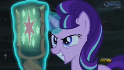 Size: 1433x806 | Tagged: safe, screencap, starlight glimmer, pony, unicorn, the cutie map, cutie mark, evil grin, female, grin, magic, magic aura, mare, s5 starlight, smiling, solo, staff, staff of sameness, telekinesis, twilight's cutie mark