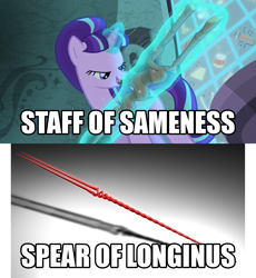 Size: 1837x2000 | Tagged: safe, starlight glimmer, pony, unicorn, the cutie map, comparison, cutie mark vault, image macro, lance of longinus, meme, mind blown, neon genesis evangelion, s5 starlight, staff, staff of sameness