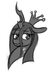 Size: 690x1000 | Tagged: safe, artist:ramott, queen chrysalis, changeling, changeling queen, bust, grayscale, monochrome, portrait, simple background, sketch, solo, white background