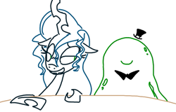 Size: 607x389 | Tagged: safe, artist:the weaver, queen chrysalis, smooze, changeling, changeling queen, make new friends but keep discord, bedroom eyes, bowtie, hat, simple background, top hat, white background