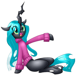 Size: 1000x1000 | Tagged: safe, artist:sweettots, queen chrysalis, changeling, changeling queen, ask teen chrysalis, clothes, cute, cutealis, leaning back, simple background, sitting, smiling, solo, sweater, transparent background