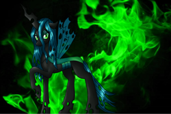 Size: 1000x669 | Tagged: safe, artist:velocityraptor, queen chrysalis, changeling, changeling queen, green fire, looking at you, simple background, solo