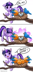 Size: 608x1300 | Tagged: safe, artist:racoonsan, derpibooru import, twilight sparkle, unicorn twilight, bird, pony, unicorn, too many pinkie pies, :o, comic, egg, eyes closed, female, magic, mare, nest, open mouth, orange, orange bird, orangified, raised hoof, simple background, smiling, transformation, wat, white background