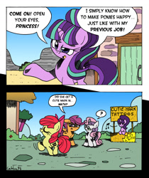 Size: 1200x1431 | Tagged: safe, artist:labba94, apple bloom, scootaloo, starlight glimmer, sweetie belle, pony, unicorn, the cutie map, comic, confused, cutie mark crusaders, eyes closed, floppy ears, frown, glare, music notes, question mark, smiling, walking