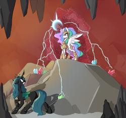 Size: 1135x1068 | Tagged: safe, artist:spaerk, princess celestia, queen chrysalis, alicorn, changeling, changeling queen, pony, armor, female, fight, magic, mare, mlpgdraws, spread wings