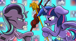 Size: 1024x555 | Tagged: safe, artist:arcuswind, starlight glimmer, twilight sparkle, twilight sparkle (alicorn), alicorn, pony, the cutie map, cutie mark vault, female, fight, mare, s5 starlight, staff, staff of sameness, twilight scepter