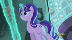 Size: 500x280 | Tagged: safe, screencap, starlight glimmer, pony, unicorn, the cutie map, animated, blinking, cute, cutie mark vault, discovery family, discovery family logo, female, glimmerbetes, glowing horn, horn, lidded eyes, magic, mare, raised hoof, s5 starlight, smiling, solo, staff, staff of sameness, telekinesis, when she smiles