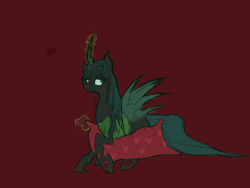 Size: 2000x1500 | Tagged: safe, artist:vahila, queen chrysalis, changeling, changeling queen, heart, pillow, simple background, solo