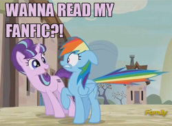 Size: 630x460 | Tagged: safe, screencap, rainbow dash, starlight glimmer, pegasus, pony, the cutie map, fanfic, image macro, meme, purple text