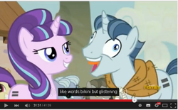 Size: 641x397 | Tagged: safe, screencap, party favor, starlight glimmer, pony, unicorn, the cutie map, derp, exploitable meme, faic, grin, i didn't listen, image macro, meme, open mouth, smiling, youtube, youtube caption