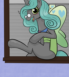 Size: 800x896 | Tagged: safe, artist:klondike, queen chrysalis, reversalis, changeling, changeling queen, blushing, glasses, hooves, looking at you, open mouth, smiling, solo, sweat, wide eyes, window