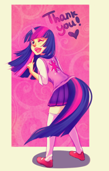 Size: 656x1028 | Tagged: safe, artist:yukihyo, derpibooru import, twilight sparkle, clothes, horned humanization, humanized, nail polish, print clothing, skirt, socks, sweater vest, tailed humanization