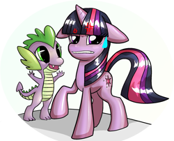 Size: 1239x1000 | Tagged: safe, artist:byarru, derpibooru import, spike, twilight sparkle, dragon, pony, unicorn, female, mare