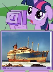 Size: 438x600 | Tagged: safe, derpibooru import, twilight sparkle, pony, exploitable meme, meme, photo, reaction image, sad, ship, shipwreck, ss american star, tv meme