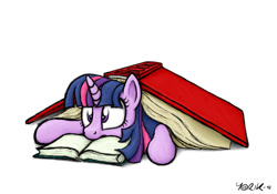 Size: 1053x739 | Tagged: safe, artist:yorik-cz, derpibooru import, twilight sparkle, book, book fort, cute, frown, prone, that pony sure does love books, wide eyes