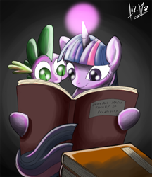 Size: 850x985 | Tagged: safe, artist:chocolatechilla, derpibooru import, spike, twilight sparkle, dragon, book, reading