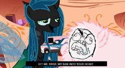 Size: 848x464 | Tagged: safe, edit, queen chrysalis, oc, oc only, oc:fluffle puff, changeling, changeling queen, chickun, exploitable meme, faic, forced meme, meme