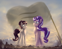 Size: 1400x1100 | Tagged: dead source, safe, artist:shamanguli, starlight glimmer, sugar belle, pony, unicorn, the cutie map, cult, flag, stalin glimmer