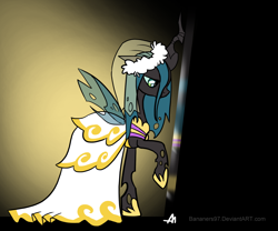 Size: 1796x1492 | Tagged: safe, artist:bananimationofficial, queen chrysalis, changeling, changeling queen, clothes, dress, mirror, sad, solo, wedding dress