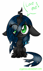 Size: 768x1280 | Tagged: safe, artist:cryptress, queen chrysalis, changeling, changeling queen, dialogue, filly, looking at you, smiling, solo, young