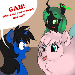 Size: 1280x1280 | Tagged: safe, artist:kloudmutt, queen chrysalis, oc, oc:fluffle puff, oc:klodette, changeling, changeling queen