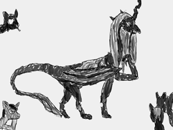 Size: 1400x1050 | Tagged: safe, artist:derek the metagamer, queen chrysalis, oc, oc:derek the metagamer, changeling, changeling queen, dragon, pony, unicorn, dragoness, dragonified, dragonlis, female, firealpaca, grayscale, monochrome
