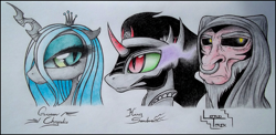 Size: 3700x1800 | Tagged: safe, artist:spinoone, king sombra, lord tirek, queen chrysalis, changeling, changeling queen, pony, unicorn, big eyes, traditional art