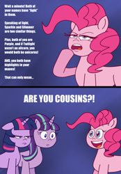 Size: 1400x2016 | Tagged: safe, artist:scobionicle99, pinkie pie, starlight glimmer, twilight sparkle, twilight sparkle (alicorn), alicorn, pony, the cutie map, comic, female, mare, similarities, unamused