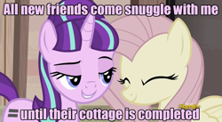 Size: 1280x700 | Tagged: safe, screencap, fluttershy, starlight glimmer, pegasus, pony, the cutie map, discovery family logo, female, glimmershy, image macro, lesbian, meme, purple text, shipping, snuggling