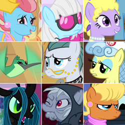 Size: 302x302 | Tagged: safe, cloudy quartz, cup cake, hummingway, lyrica lilac, ms. harshwhinny, nurse coldheart, nurse snowheart, olden pony, photo finish, queen chrysalis, bird, changeling, changeling queen, collage