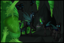 Size: 1024x684 | Tagged: safe, artist:ashskye, king sombra, queen chrysalis, changeling, changeling queen, pony, unicorn, cocoon