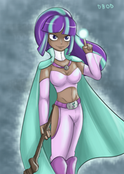 Size: 940x1310 | Tagged: safe, artist:dinobirdofdoom, starlight glimmer, human, the cutie map, amulet, belly button, belt, belt buckle, boots, breasts, cape, cleavage, clothes, cutie mark, dark skin, equal cutie mark, female, humanized, magic, midriff, s5 starlight, staff, staff of sameness