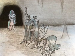 Size: 2592x1936 | Tagged: safe, artist:vividsplash, queen chrysalis, starlight glimmer, changeling, changeling queen, pony, unicorn, cave, sad, sad face, sadlight glimmer, traditional art