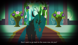 Size: 4644x2718 | Tagged: safe, artist:90sigma, artist:llamastyx, queen chrysalis, changeling, changeling queen, absurd resolution, altar, dialogue, fangs, looking at you, magic, pov, solo, vector