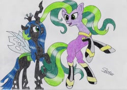 Size: 1024x725 | Tagged: safe, artist:spirit-dude, mane-iac, queen chrysalis, changeling, changeling queen, simple background, traditional art, white background