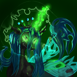 Size: 900x900 | Tagged: safe, artist:largekitchenmatches, queen chrysalis, changeling, changeling queen, female, green eyes, horn, solo