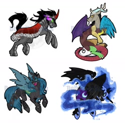 Size: 1280x1266 | Tagged: safe, discord, king sombra, nightmare moon, queen chrysalis, changeling, changeling queen, pony, unicorn, watermark