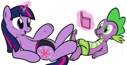 Size: 900x463 | Tagged: safe, artist:tg-0, derpibooru import, spike, twilight sparkle, dragon, book, speedo