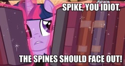 Size: 960x511 | Tagged: safe, derpibooru import, edit, edited screencap, screencap, twilight sparkle, pony, unicorn, too many pinkie pies, book, female, image macro, implied spike, magic, magic aura, mare, solo, telekinesis