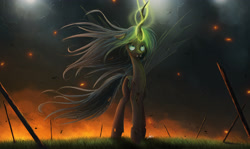 Size: 3500x2085 | Tagged: safe, artist:ncmares, queen chrysalis, changeling, changeling queen, angry, fangs, female, glowing horn, grass, magic, solo, spread wings