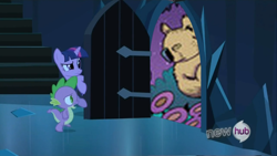 Size: 854x480 | Tagged: safe, derpibooru import, spike, twilight sparkle, dragon, koala, pony, unicorn, door, exploitable meme, female, horn, hub logo, male, mare, meme, multicolored mane, open mouth, purple coat, stairs, the scary door